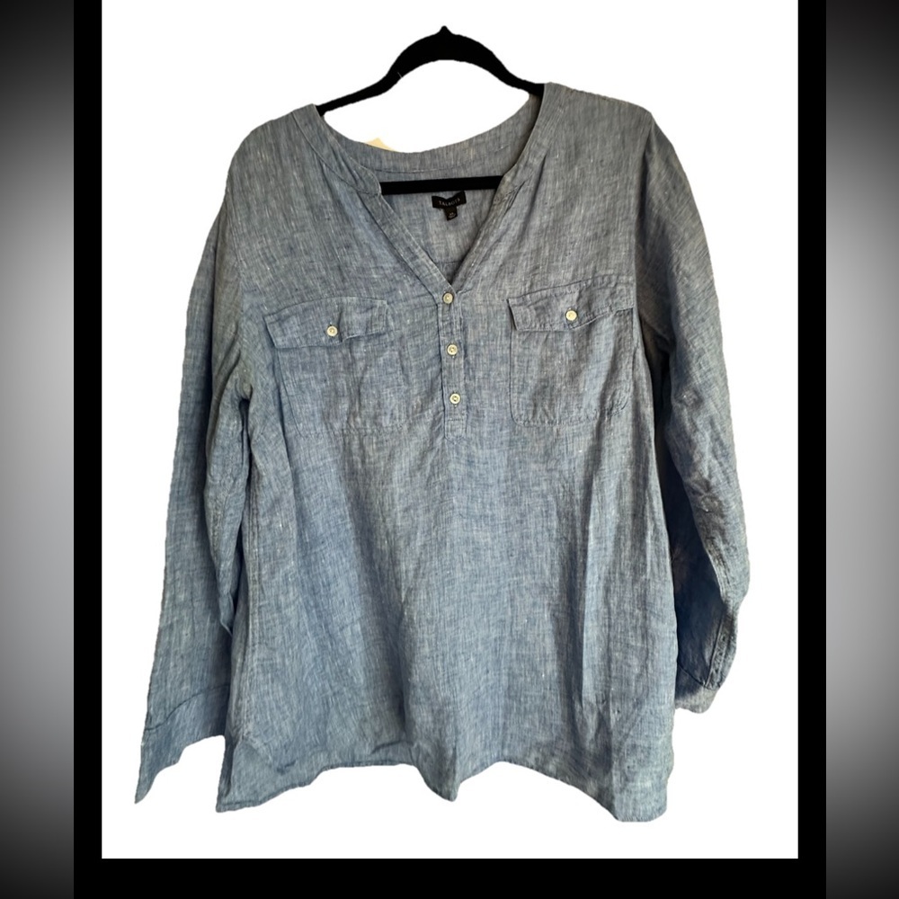 TALBOTS Women’s Blue Linen Long Sleeve Collarless 1/4 Buttonup Blouse Sz XL